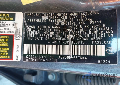 2012 Toyota Camry Le z USA, uszkodzony, nr VIN 4T4BF1FK3CR160815